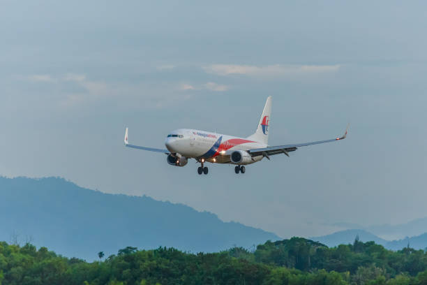 Kota Kinabalu Sabah, Malaysia  - MAR 20, 2017: Malaysia Airline Aircraft with two engines ready to land on Kota Kinabalu International airport runway.