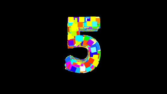 Number 5. 3D Bright colored uppercase large number 5 empty black background isolate. Color font. High quality 3d illustration