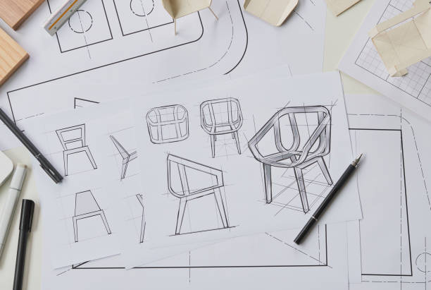 istock Designer sketching drawing design development product plan draft chair armchair Wingback Interior furniture prototype manufacturing production. designer studio concept . 1369499773