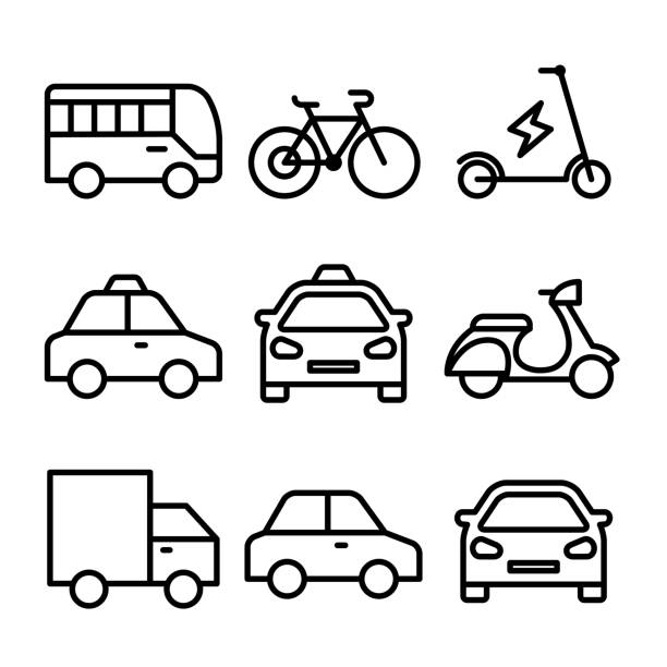 ilustraciones, imágenes clip art, dibujos animados e iconos de stock de icono de transporte establecido corta distancia y ciudad - shuttle bus vector isolated on white bus