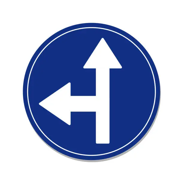 Vector illustration of Go straight or turn left traffic sign. Isolate on white background label.