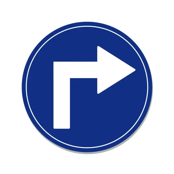 Vector illustration of White turn right sign on blue circle. Vector illustration of traffic signs in flat style.