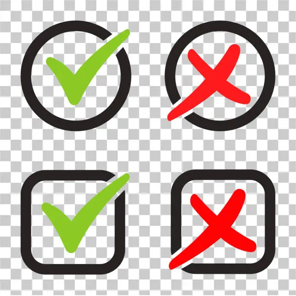 Vector illustration of Red and green check marks isolated on transparent background. Vector check mark icons.