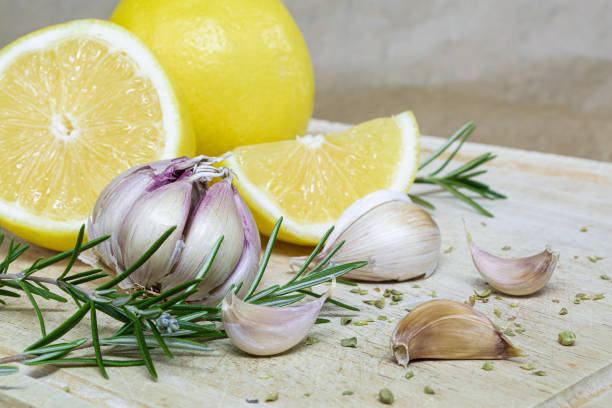 Close-Up composition of Mediterranean Food and Spices on Cutting Board