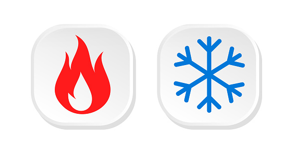 Cold and hot button. Snowlake and flame design concept. Cooling and heating button. Illustration vector.