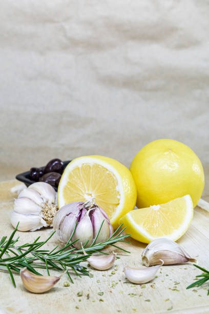 Close-Up composition of Mediterranean Food and Spices on Cutting Board