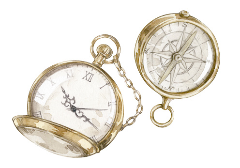 Set of watercolor illustrations with vintage gold pocket watch and compass isolated on a white background. Vintage hand drawn illustrations. Can be used in the design of cards, posters, stickers.