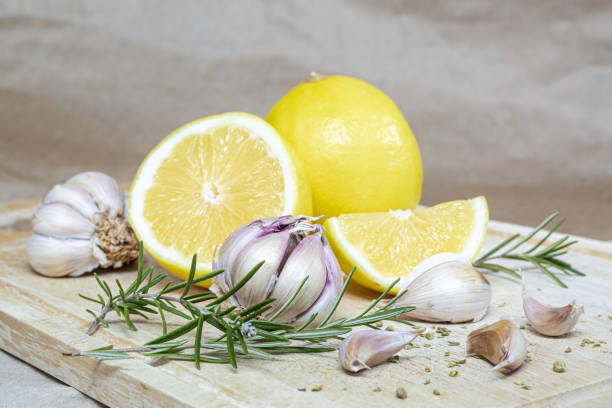 Close-Up composition of Mediterranean Food and Spices on Cutting Board