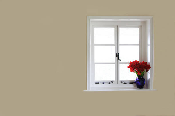 Plain beige wall with white windows and red flowers 