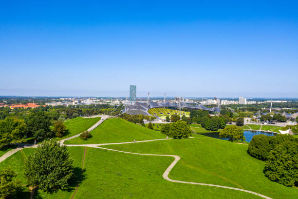 Munich, Germany - Jul 28, 2021: Stadium of the Olympiapark in Munich, Germany, is an Olympic Park which was constructed for the 1972 Summer Olympics