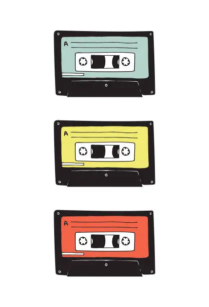 Vector illustration of Vector illustration with cassettes. Doodle sketch. Retro thing.