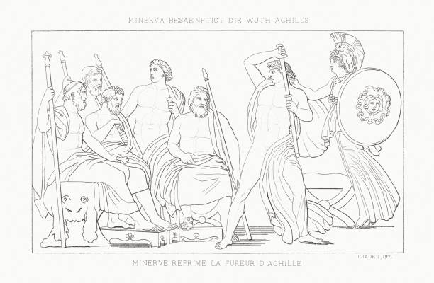 минерва подавляет ярость ахилла (илиада), стальная гравюра, 1833 - engraving minerva engraved image roman mythology stock illustrations