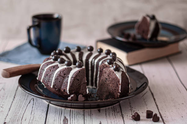 다크 초콜레이트 번트 케이크 위에 화이트 초콜라트 유약과 블랙 건포도 - chocolate cake dessert bundt cake 뉴스 사진 이미지