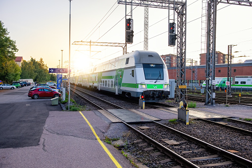 Turku, Finland - August 27, 2019: Modern train arriving at the railway station in Turku, Finland.