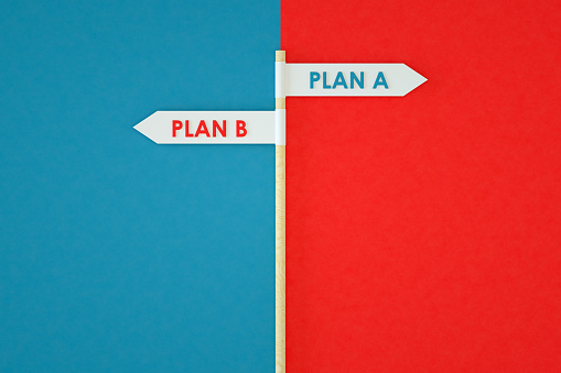 Plan A and Plan B road sign two color background, 3d render.