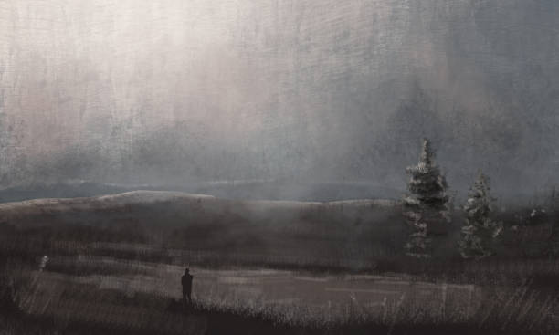 istock Man silhouette standing in mountain landscape with trees and moody sky. Texture dark digital painting 1369510554