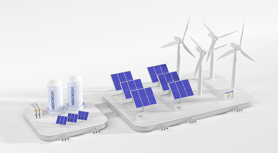 Hydrogen energy production in isometric graphic. Renewable power generation concept with wind turbines, solar panels, battery bank and tank container. Environment protection, 3d render illustration.