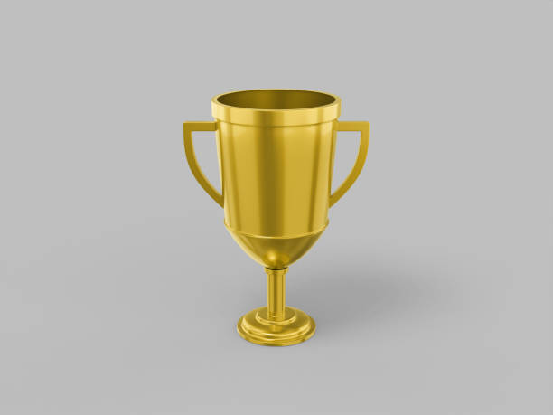 istock Golden mono color winner cup on gray solid background. Minimalistic design object. 3d rendering icon ui ux interface element. 1369510990