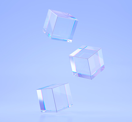 Cubos o bloques de cristal con efecto de refracción de rayos en vidrio. Cajas cuadradas transparentes de acrílico o plexiglás con degradado holográfico sobre fondo azul, luz de dispersión, ilustración de renderizado 3D photo