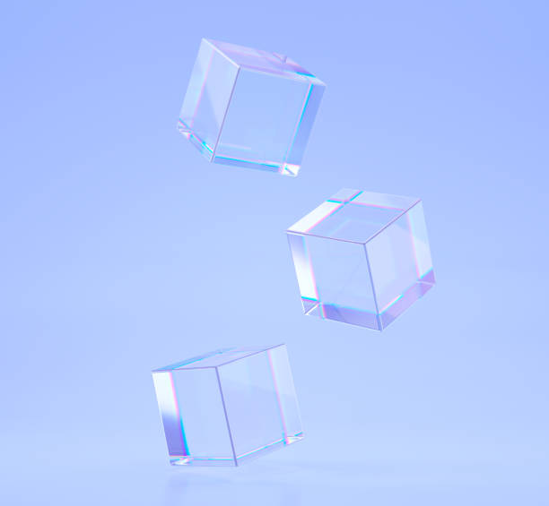 cubos o bloques de cristal con efecto de refracción de rayos en vidrio. cajas cuadradas transparentes de acrílico o plexiglás con degradado holográfico sobre fondo azul, luz de dispersión, ilustración de renderizado 3d - acrylic fotografías e imágenes de stock