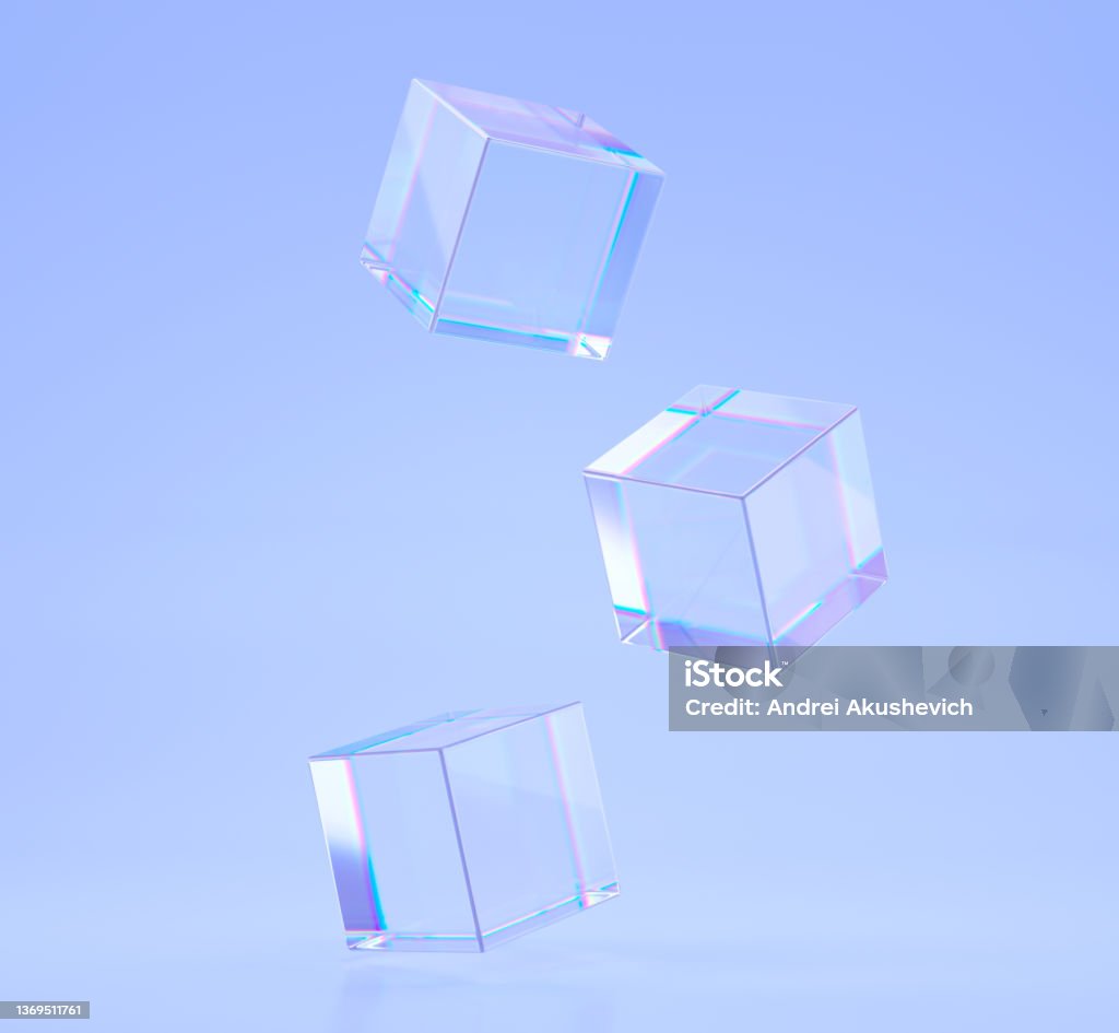 Crystal cubes or blocks with refraction effect of rays in glass. Clear square boxes of acrylic or plexiglass with holographic gradient on blue background, dispersion light, 3d render illustration Crystal cubes or blocks with refraction effect of rays in glass. Clear square boxes of acrylic or plexiglass with holographic gradient on blue background, dispersion light, 3d render illustration. Cube Shape Stock Photo