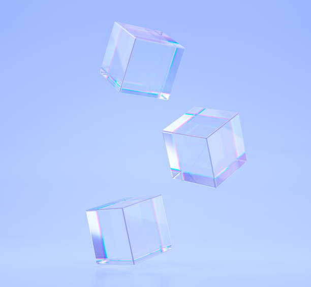 Crystal cubes or blocks with refraction effect of rays in glass. Clear square boxes of acrylic or plexiglass with holographic gradient on blue background, dispersion light, 3d render illustration Crystal cubes or blocks with refraction effect of rays in glass. Clear square boxes of acrylic or plexiglass with holographic gradient on blue background, dispersion light, 3d render illustration. plexiglas stock pictures, royalty-free photos & images