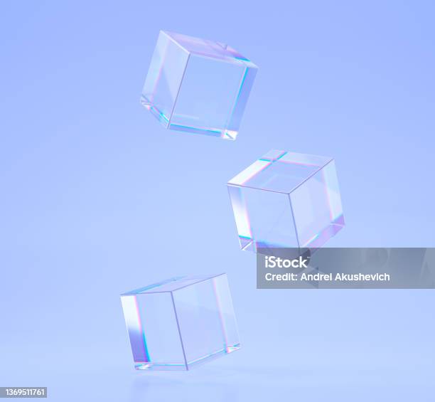 Crystal Cubes Or Blocks With Refraction Effect Of Rays In Glass Clear Square Boxes Of Acrylic Or Plexiglass With Holographic Gradient On Blue Background Dispersion Light 3d Render Illustration Stock Photo - Download Image Now