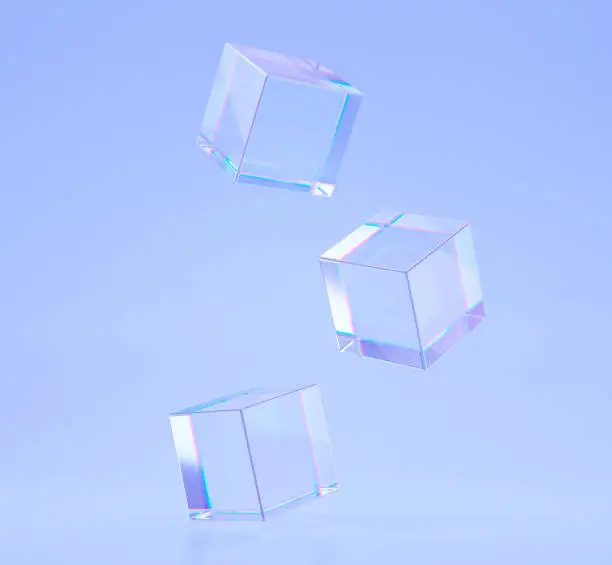 Crystal cubes or blocks with refraction effect of rays in glass. Clear square boxes of acrylic or plexiglass with holographic gradient on blue background, dispersion light, 3d render illustration.