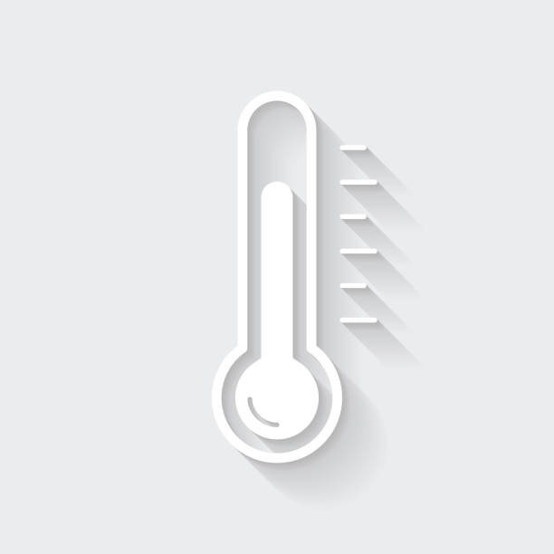Thermometer. Icon with long shadow on blank background - Flat Design White icon of "Thermometer" in a flat design style isolated on a gray background and with a long shadow effect. Vector Illustration (EPS10, well layered and grouped). Easy to edit, manipulate, resize or colorize. Vector and Jpeg file of different sizes. thermometer gauge stock illustrations