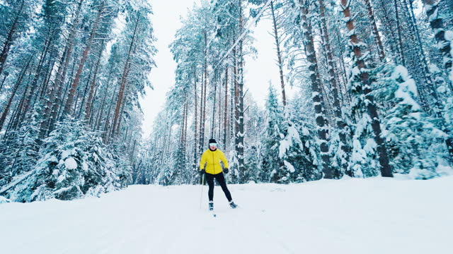 Woman in yellow ski suit works out in the forest