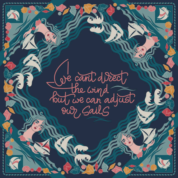 Sailboat, girl, seashell and handwritten lettering on blue. Vector illustration. Sailboat, girl, seashell and text We canât direct the wind, but we can adjust our sails. Vector illustration. Scarf pattern design with portrait of woman on blue. Bandana, napkin. silk scarf stock illustrations