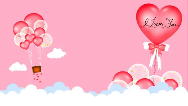 Valentine's Day. Air balloon in heart shape on the pink background.