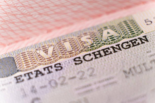 macro shot biometric passport with schengen visa. european visitor visa for tourism and travel in eu - emigration and immigration passport passport stamp usa imagens e fotografias de stock