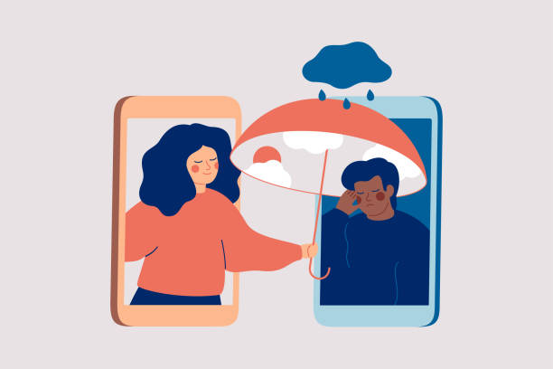 ilustraciones, imágenes clip art, dibujos animados e iconos de stock de la mujer apoya al hombre negro con problemas psicológicos. la chica consuela a su triste amiga por teléfono. - therapy mental illness behavior mental health