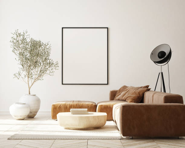 istock mock up poster frame in modern interior background, living room, Scandinavian style, 3D render, 3D illustration 1369517559
