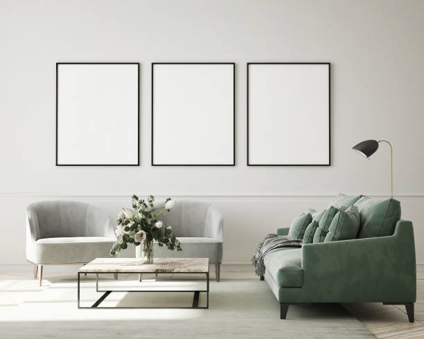 istock mock up poster frame in modern interior background, living room, Scandinavian style, 3D render, 3D illustration 1369517560
