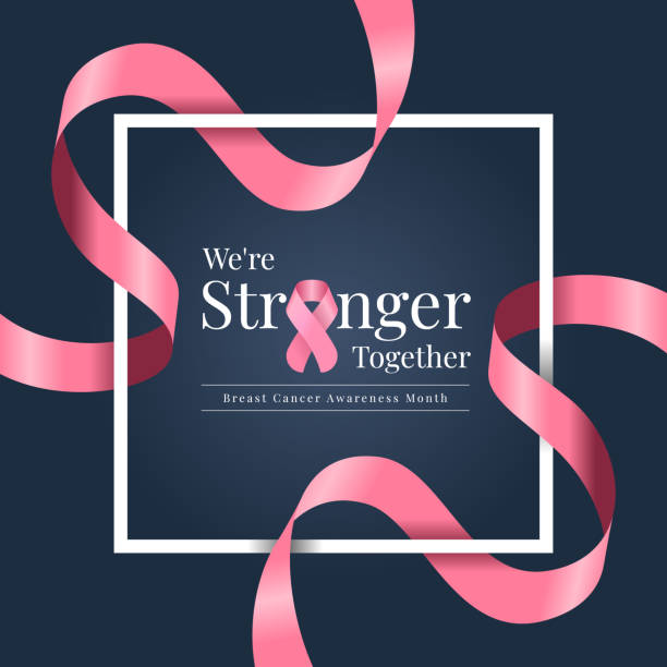 we are stronger together, breast cancer awareness month text in white frame with pink ribbon roll waveing around on dark blue background vector design - 生存 幅插畫檔、美��工圖案、卡通及圖標