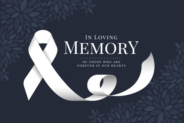 In loving memory of those who are forever in our hearts text and white ribbon sign roll waving on flower dark blue texture background vector design In loving memory of those who are forever in our hearts text and white ribbon sign roll waving on flower dark blue texture background vector design compassion stock illustrations