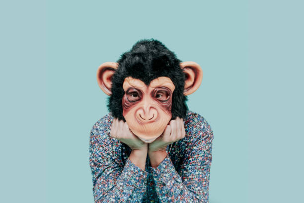 istock man wearing a monkey mask looks to the observer 1369519240