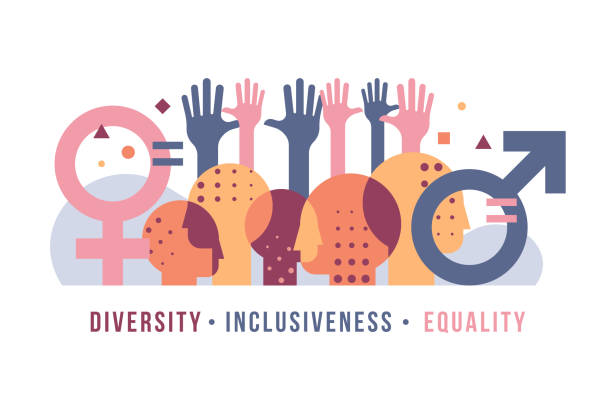 Inclusiveness Diversity Equality concept with abstract modern Various people is heads, gender symbol and equal sign, Equally raised hand symbol vector design Inclusiveness Diversity Equality concept with abstract modern Various people is heads, gender symbol and equal sign, Equally raised hand symbol vector design gender stereotypes stock illustrations