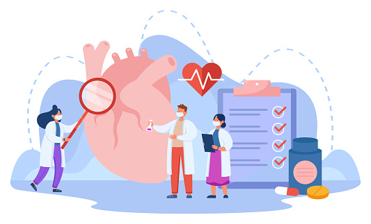 Tiny doctors studying huge human heart. Cardiologists examining patient with cardiovascular disease flat vector illustration. Health, diagnosis, cardiology concept for banner or landing web page