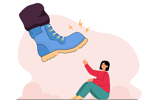 Giant foot in boot crushing, trampling scared tiny woman. Bully offending small person flat vector illustration. Fight, bullying, harassment concept for banner, website design or landing web page