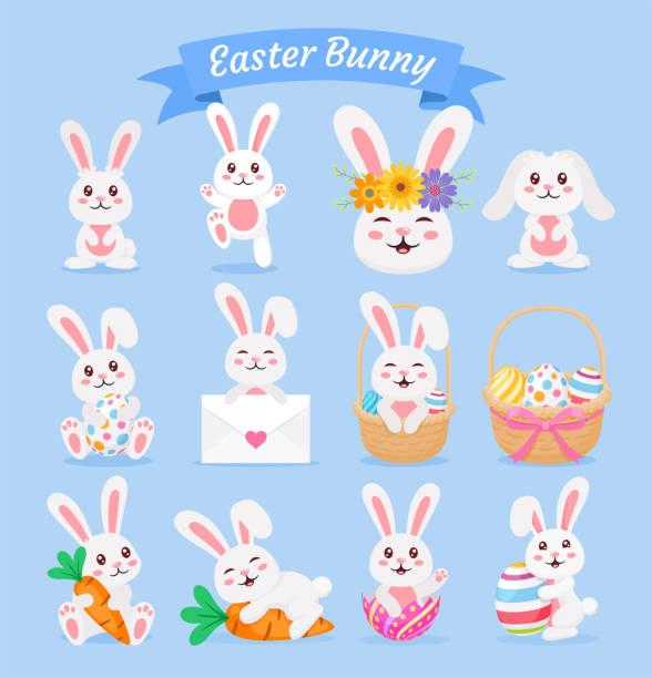 ilustrações de stock, clip art, desenhos animados e ícones de easter bunny rabbit vector illustrations - easter bunny