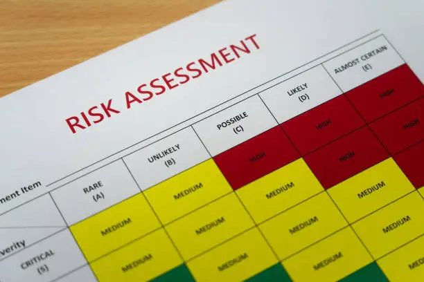 Photo of Risk assessment matrix table paperwork with severity level color for Low, Medium and High. Industrial and business planning object. Close-up and selective partial focus at the heading text.