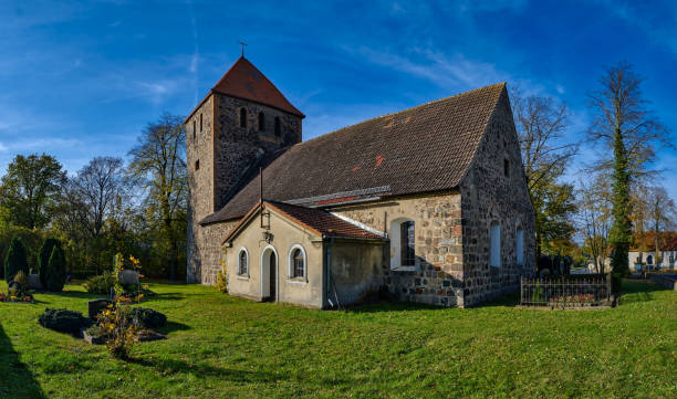 Listed village church Weesow, view from the east stock photo