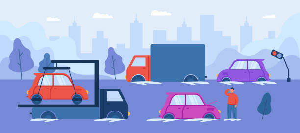 Landscape with flooded city after hurricane or storm Landscape with flooded city after hurricane or storm. Cars on road in water after heavy rain in spring, buildings in background flat vector illustration. Damage, weather, disaster concept for banner truck rain stock illustrations