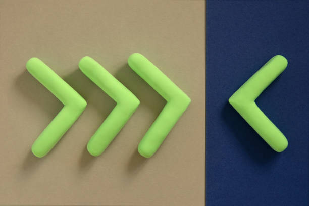 Different course of arrows symbol. Pointers set in opposite directions. Concept of objection, opposition, different opinion. Metaphor of conflict in the group, disagreement or obstacle.