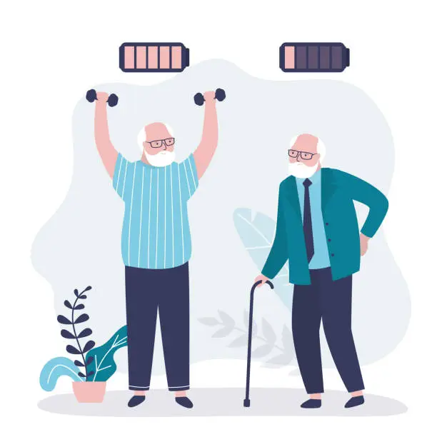 Vector illustration of Tired and exhausted elderly man with cane. Old male character doing exercises with dumbbells