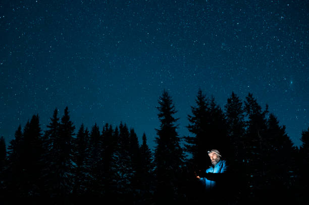 Man at night with his smartphone in nature.