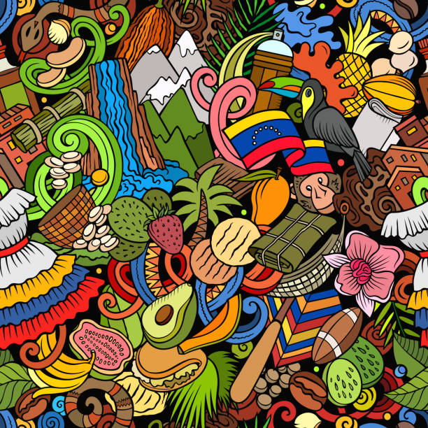 ilustraciones, imágenes clip art, dibujos animados e iconos de stock de dibujos animados garabatean el patrón perfecto de venezuela. - cultura venezolana